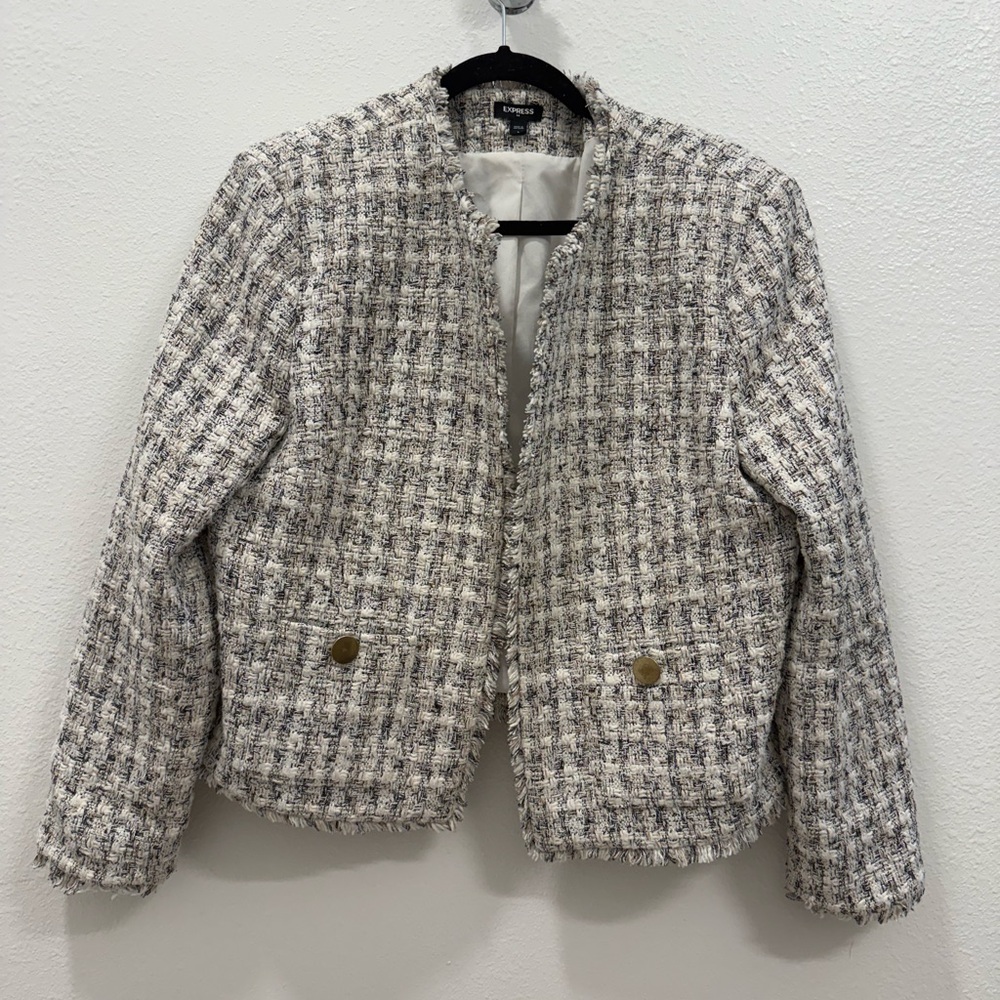 EXPRESS Tweed Cropped Jacket – Size L – Neutral Fringe